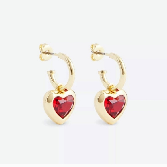 ✨️❤️ Coach Red Stone Heart Huggie Earrings Gold Plated ✨️❤️ - Picture 1 of 4